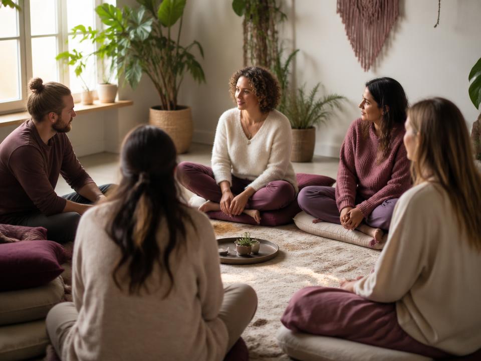 A small group seated in a circle on floor cushions in a plant-filled room