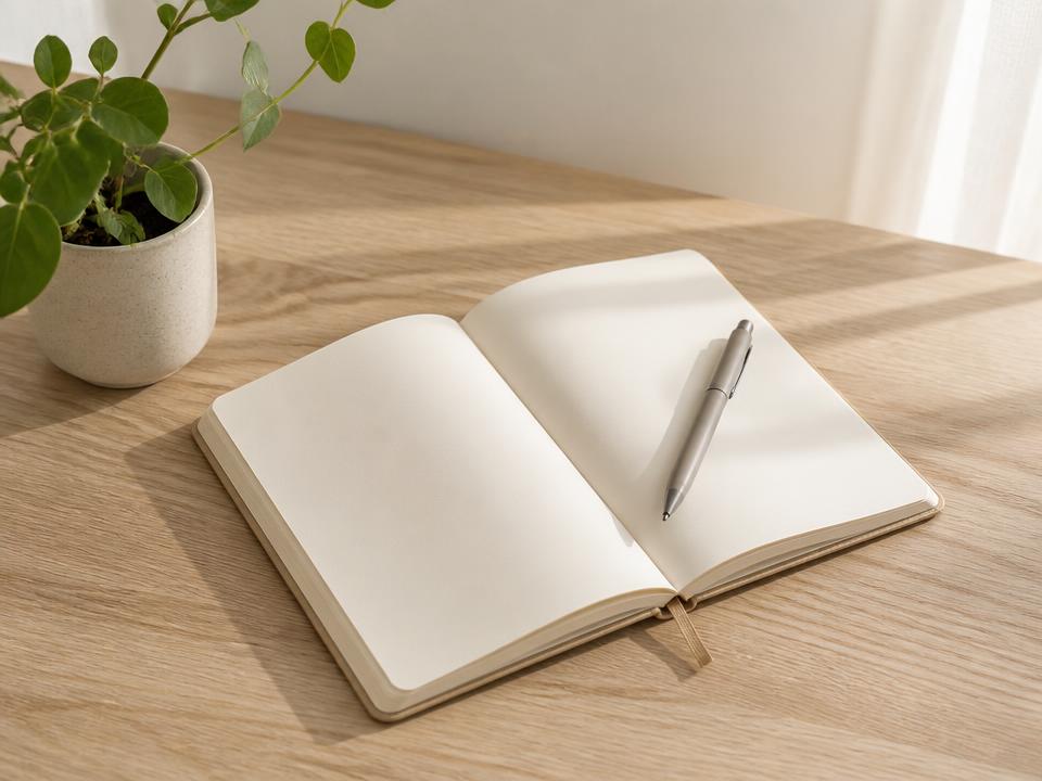 An open notebook and pen on a light oak table beside a small plant