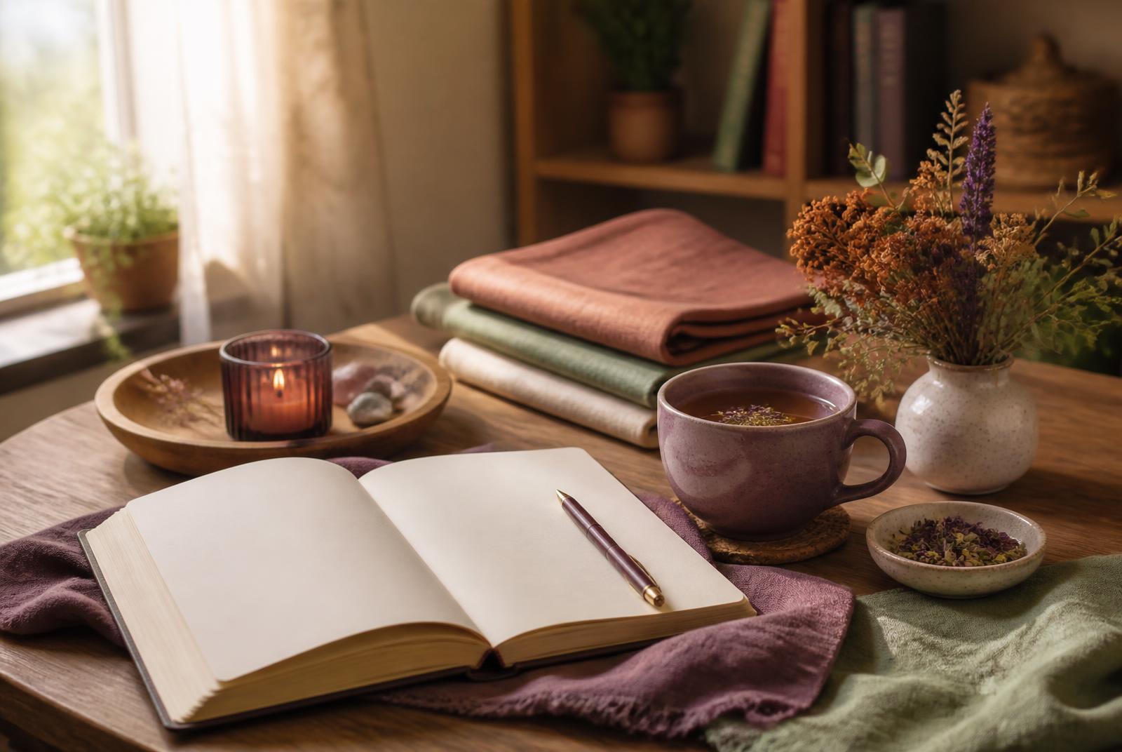 An open journal, herbal tea, and natural materials in a softly prepared learning space