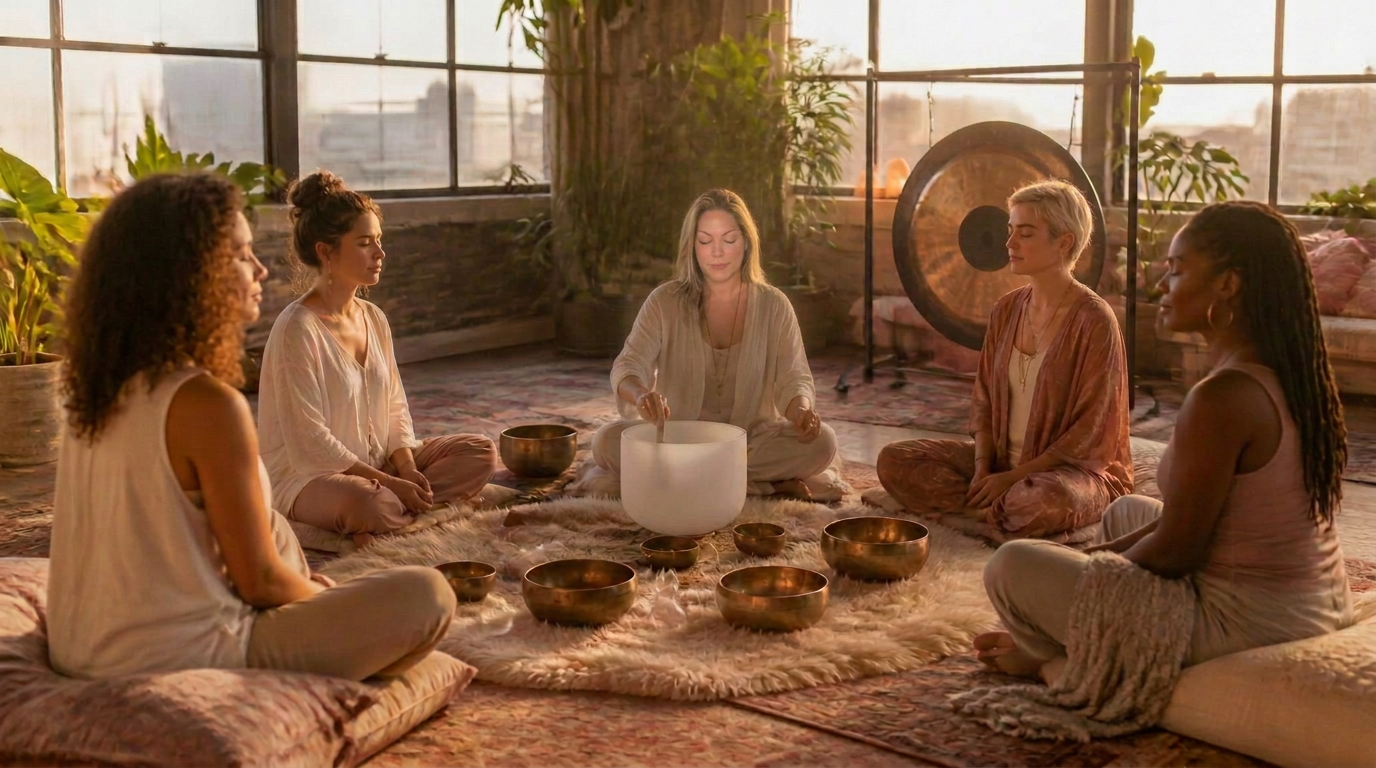 A group of women seated on cushions around singing bowls in a sunlit, plant-filled studio