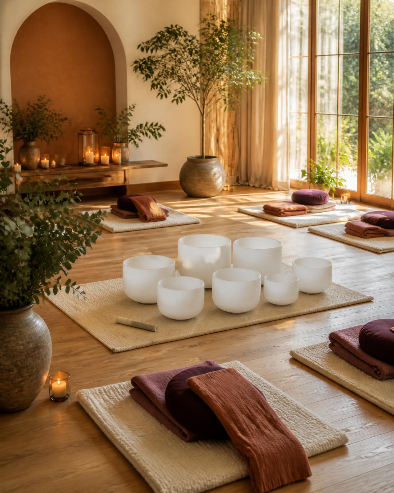 A beautifully prepared wellness space with singing bowls, mats, blankets, and warm window light